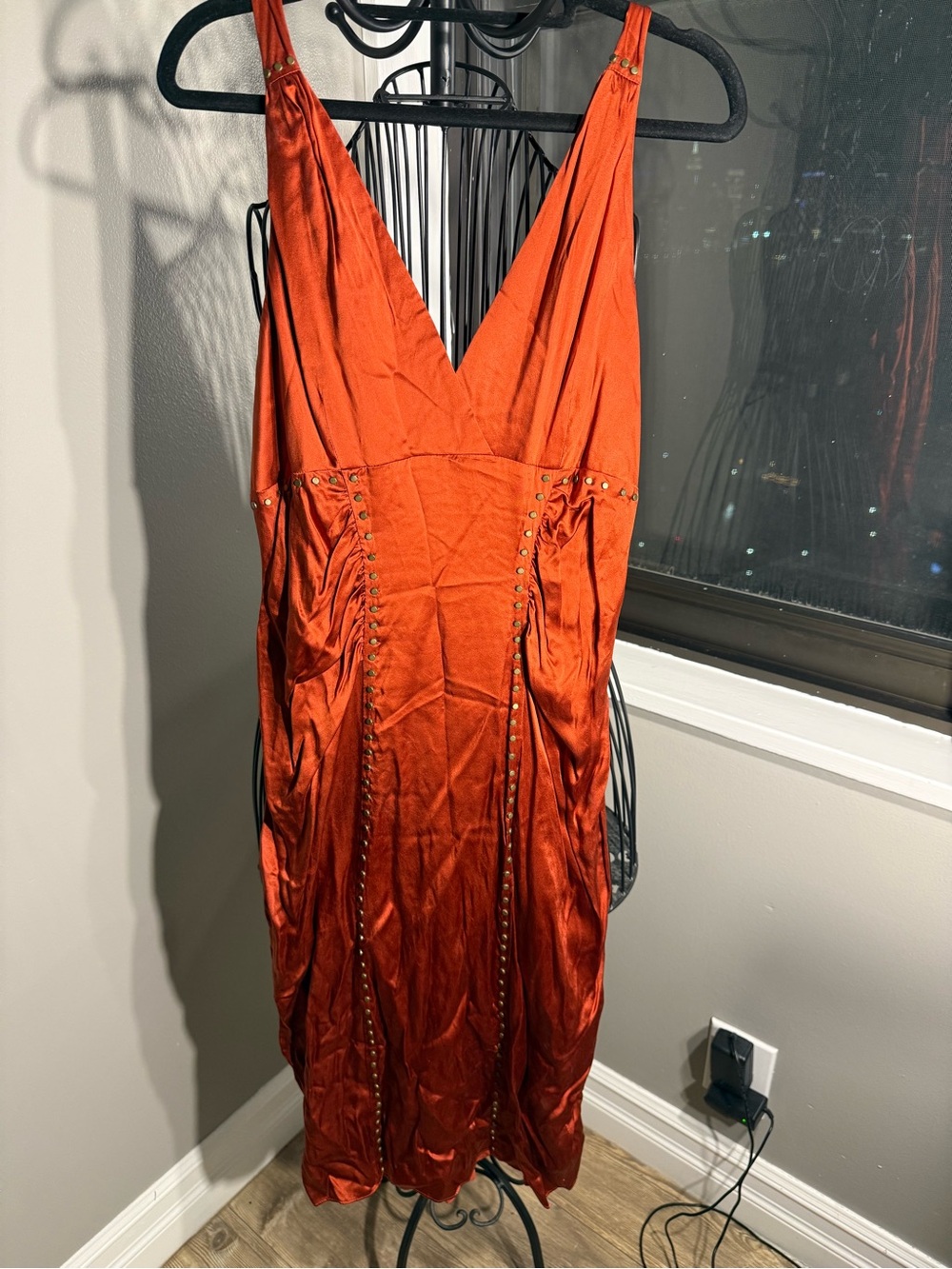 BCBG Women's V-Neck Satin Slip Dress in Burnt Orange